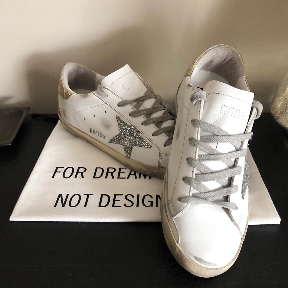 Golden Goose Silver Glitter Superstar with Gold Glossy Heel Tab (Size 38)
